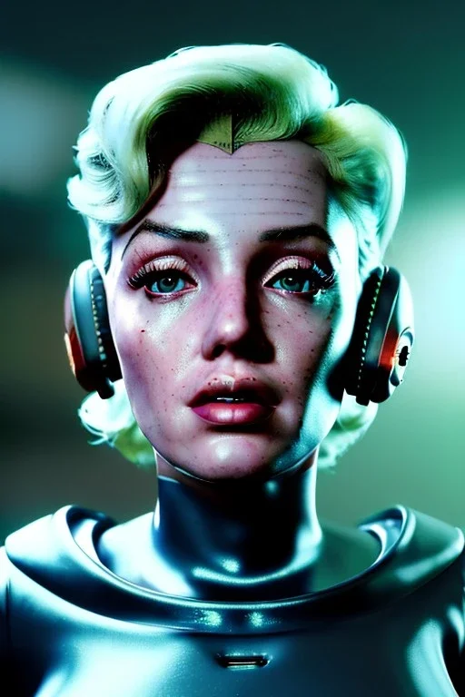 Ultra Realistic sci-fi scene, portrait, blonde woman, sweet Marylin Monroe face, perfect iris, glow eyes, makeup. Aliens background, Retro sci-fi style, helmet, tight latex coat, fog, rain, soft color, highly detailed, unreal engine 5, ray tracing, RTX, lumen lighting, ultra detail, volumetric lighting, 3d, finely drawn, high definition, high resolution.