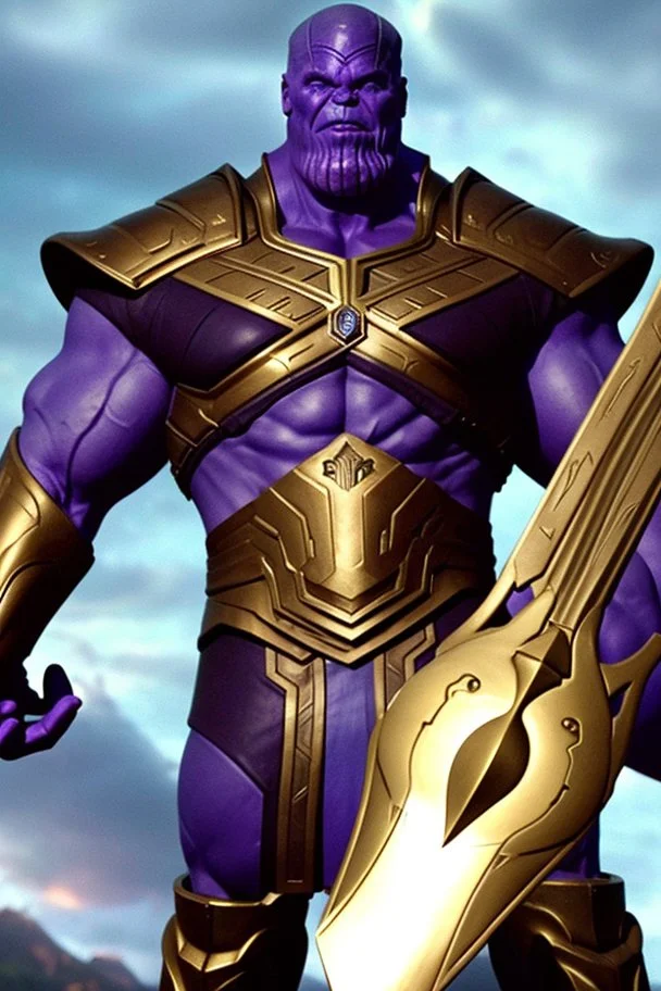 Thanos, the commander of the army of aliens and the king of the entire galaxy, is ready to go on a campaign with his two large swords, his very beautiful and impenetrable armor with his golden helmet, standing on top of a hill with his sword with infinity gauntlet