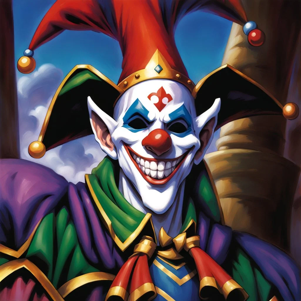 fantasy 90's tcg art jester with white mask happy heroic