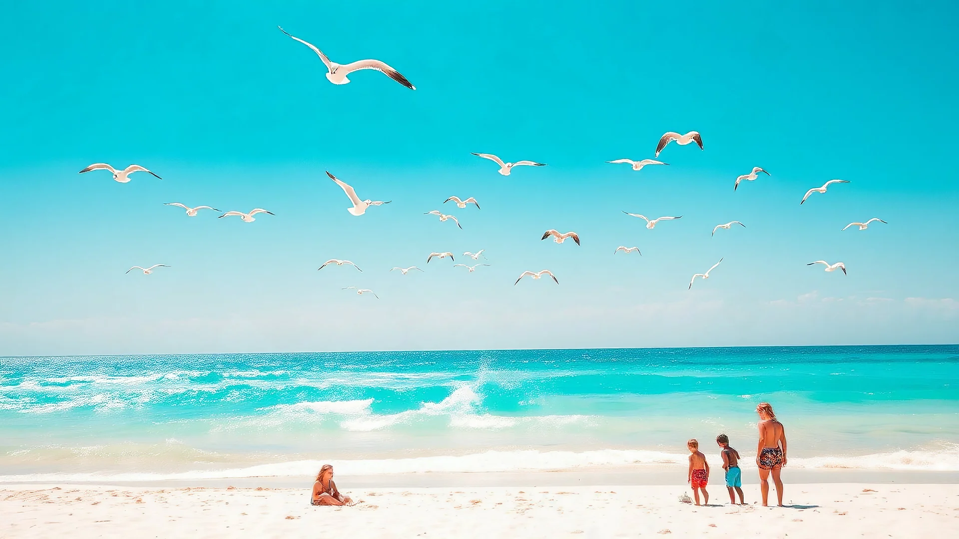 A bright summer day at the beach, with clear blue skies, children playing in the sand, and a flock of gulls soaring above, set against the dazzling turquoise sea.