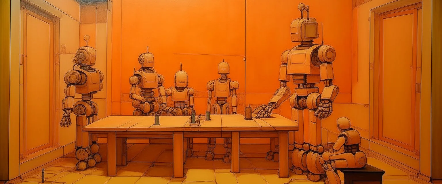 A light rosy orange robot workshop painted by Leonardo da Vinci