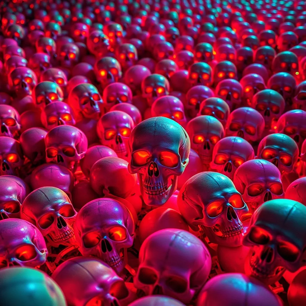 a field of 1000s of psychedelic psilocybin induced anatomically correct, skulls, vivid RANDOM BRIGHT neon colors, dark comedy, well lit, high detail, photorealistic, horrorcore, fun, scary, none featured, each a different color or hue,