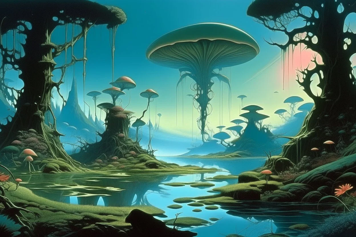 looking out over a lake, in an alien forest, flying mushrooms with jellyfish tenacles formed into gnarled trunks, Roger Dean