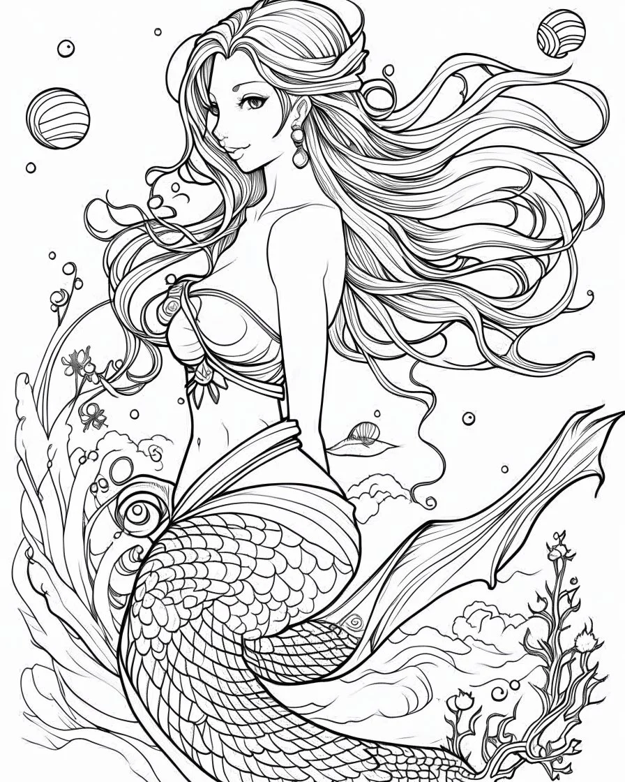 A real simple l mermaid, coloring image,