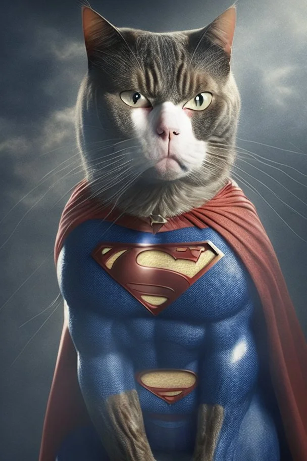 A picture of a serious cat in the form of a superman, a professional, high JPEG image