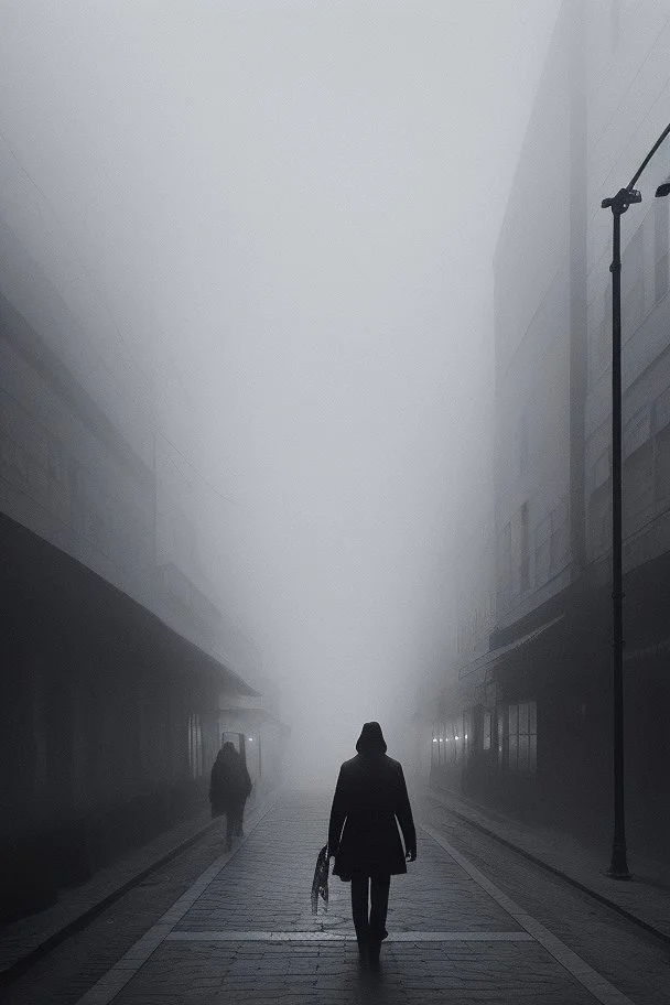 Dark street life creepy fog colours strong texture ombre insensate nightmare 8k artistic Photography volumetric light, Yves Tanguy