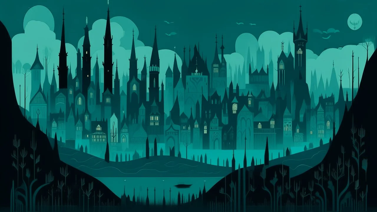 A dark teal district in the shadows designed in medieval tapestry