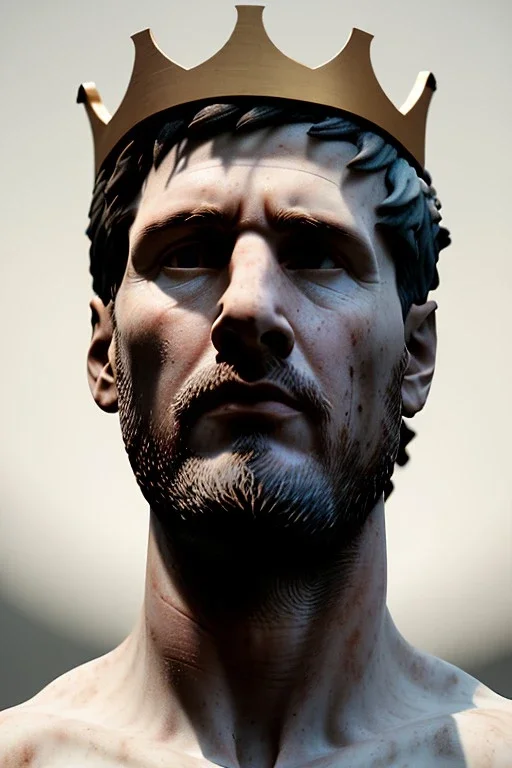 Ultra Realistic image, Roman sculpture, white marble material, Lionel Messi, gold crown of natural thorns, god crown, Renaissance style, sun rays background, waist up portrait, epic, celestial, cinematic lighting, God lights, 4k resolution, smooth details, soft lighting, unreal engine 5, art station, substance 3d.