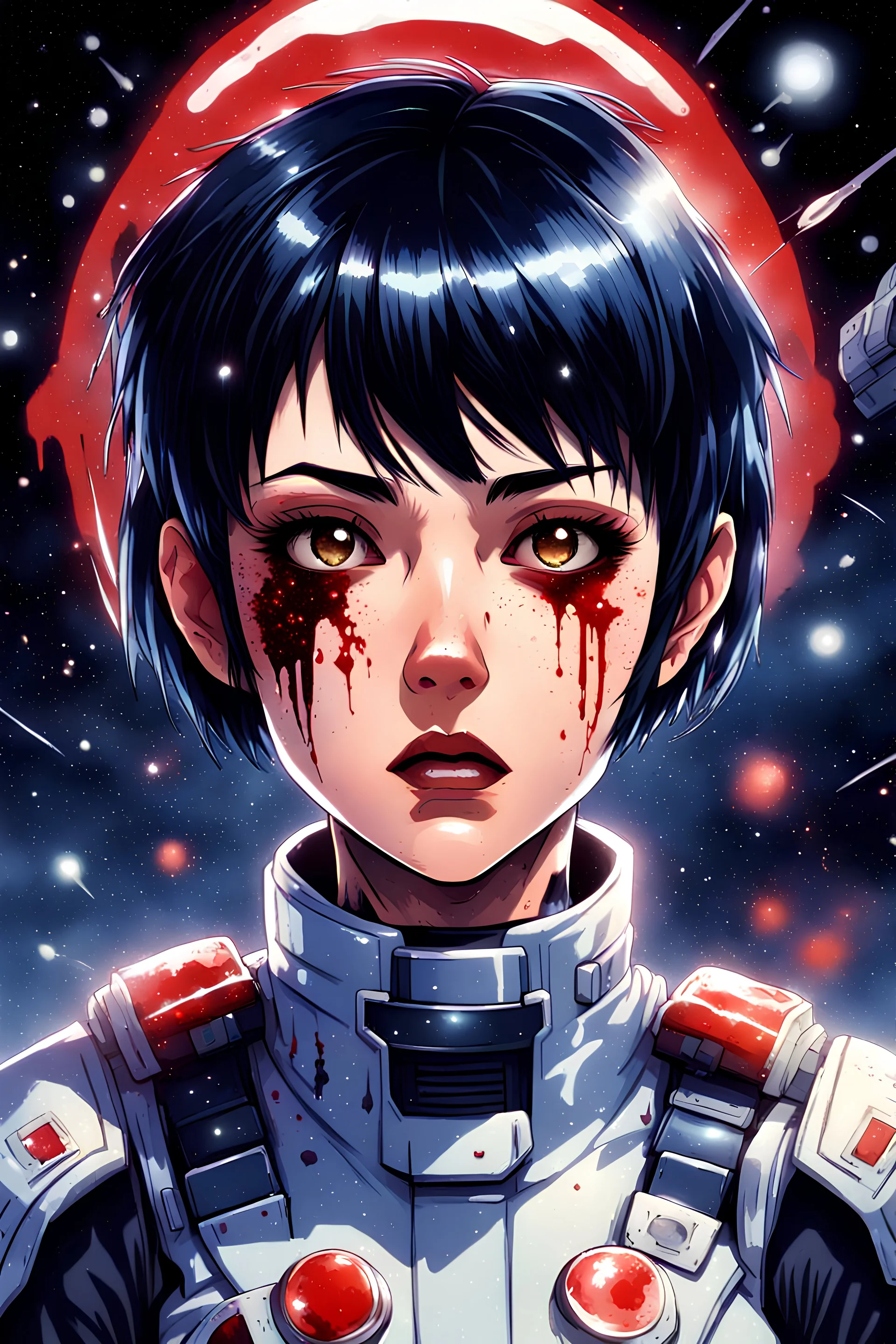 90s old school anime illustration, sci fi, portrait of a tough female space Captain girl, beautiful symmetrical face, Androgynous, pixie style haircut, sparkling or glittering black hair, pixie cut, blood splattered on her scared, rattled and shook face, space uniform is tattered and ripped with dripping blood, as if she just escaped torture, depraved art, junji ito style, pulp science fiction aesthetic, rotoscoping, violent background and undertone, space battle, feminist art, japanese horror