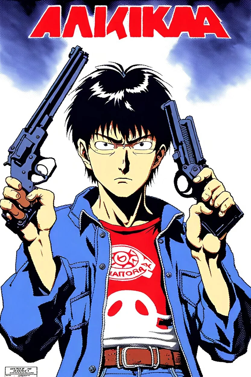 Shotaro Kaneda from Akira movie holds a revolver gun to his head.