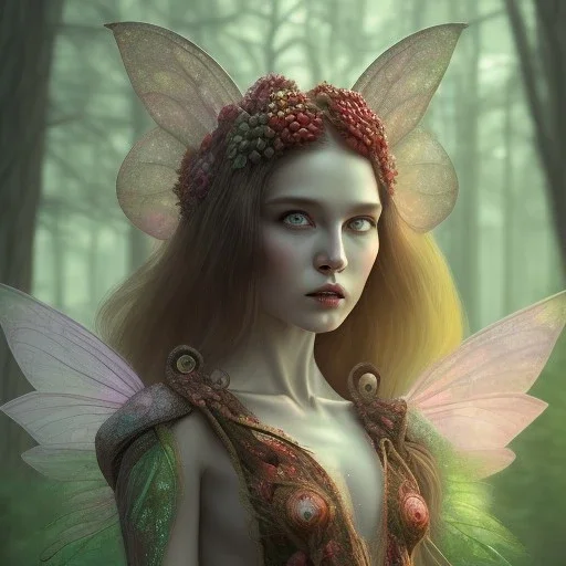 A portrait of a Little fairy woman with green skin and red long hair, sitting under the large Amanita muscaria mushroom in the magic forest, concept art, dark fantasy style, dark and spook, illustration, digital art, d&d, very cute,Masterpiece, best quality, sharp line, sharp focus, rear view : digital painting extremely detailed fantasy beautiful award winning high definition colourful very cute ,correct ai auto settings.