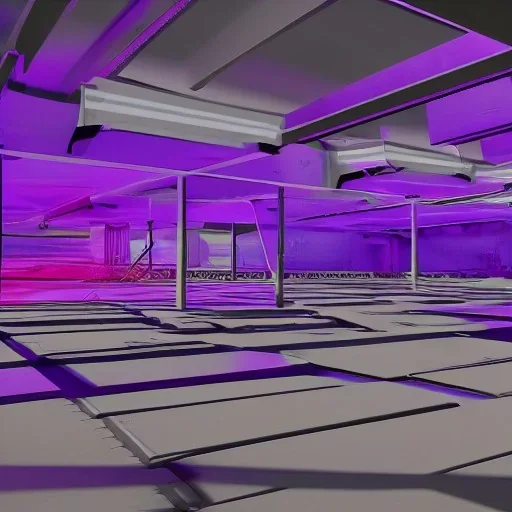 inside of military weapons testing area, synthwave, purple lighting, photorealistic, unreal engine, digital art, looming light