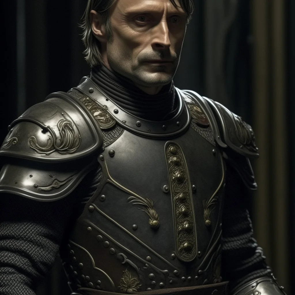 mads mikkelsen dresses in knight's armour, high quality photo