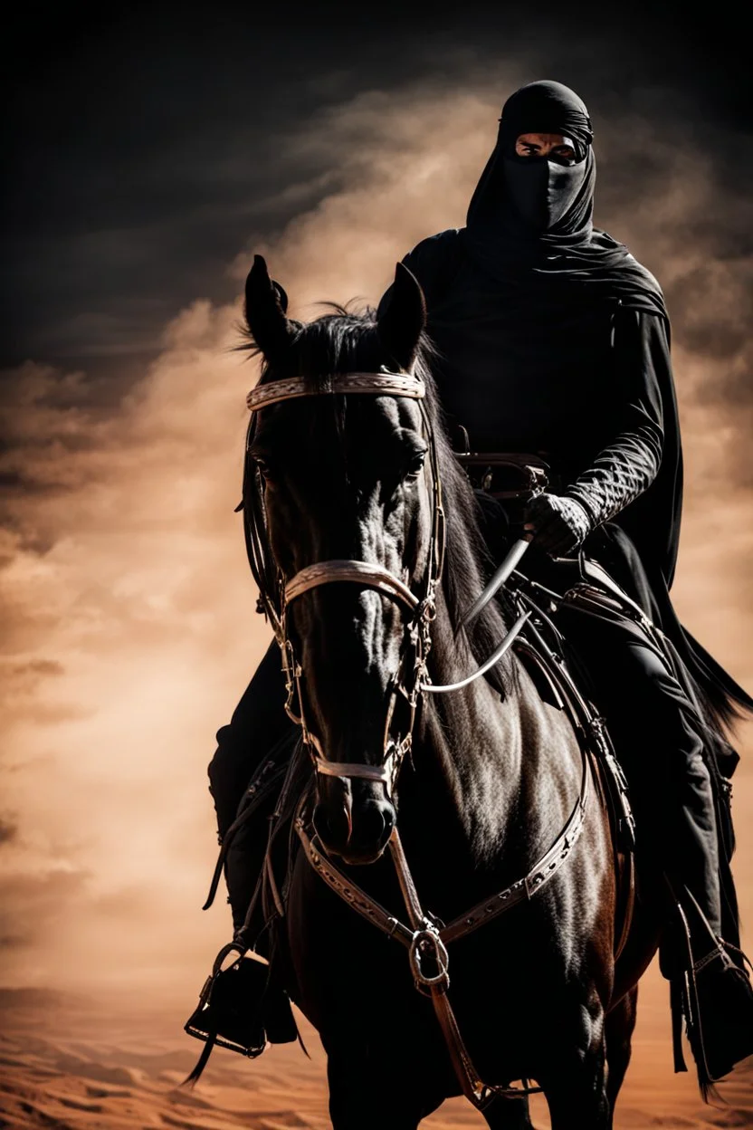 Photography Mistery of Black Ghost Rider Arabian driving on Black Horse,Walking alonely on desert darkness night background, horror concept art