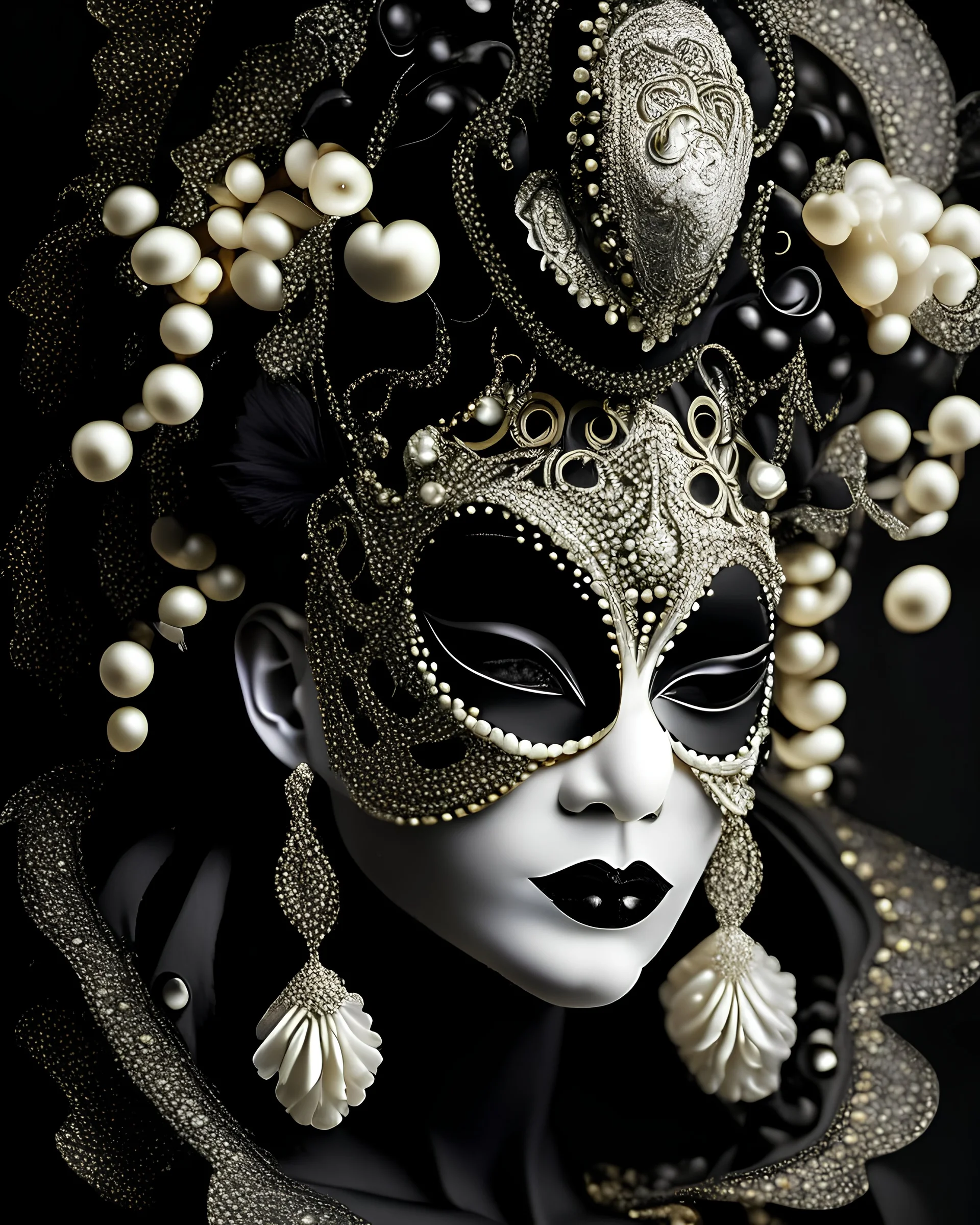 Beautiful venetian carnival style wite ad vantabéack black irridescent and beige and black shell colour irridescent woman portrait adorned with pearl art, black mollusk shell headress with mollusk shell colour black cathalea orchid irridescent flower wearing pearl art style mollusk shell ribbed costume metallic filigree venetian carnival style Golden dust make up, irridescent masque and costume organic bio spinal al ribbed bokeh mollusk pearl art shell background full florals lights extremely de