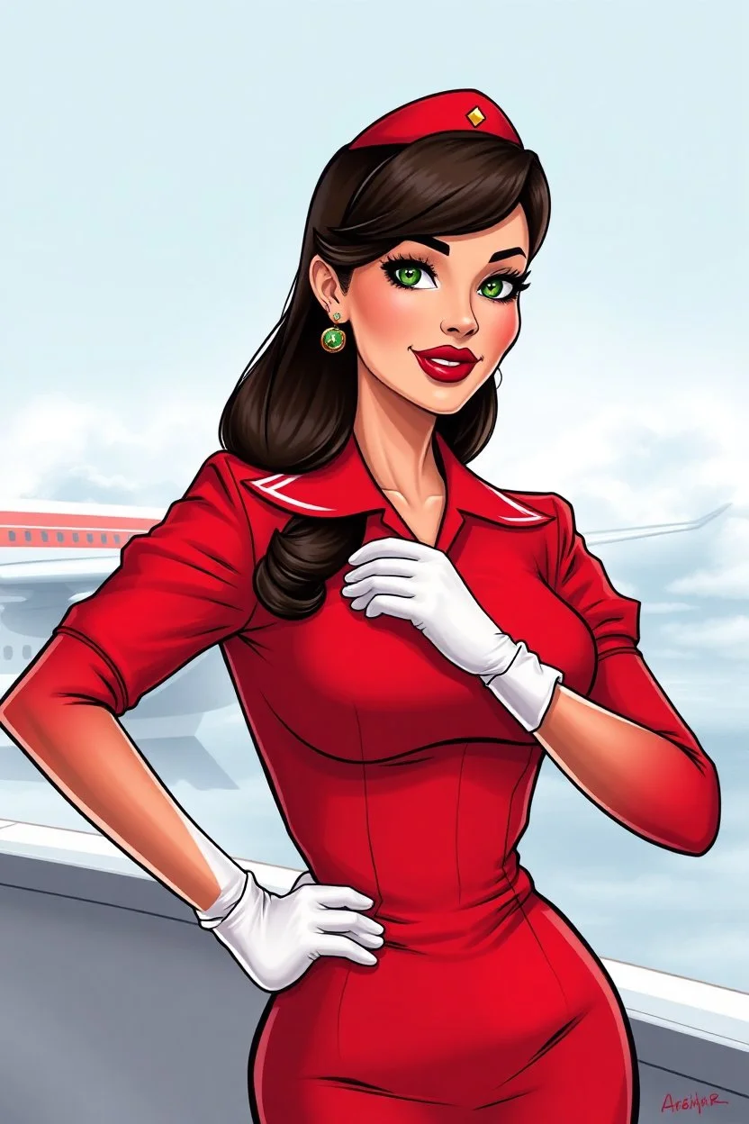 realistic cartoon in the style of Francois Walthery's Natacha series of adventurous, elegant brunette Finnish stewardess lady, aged 55, posing in a tight, short, red uniform dress. She has green eyes, strong makeup, big bright red lips, long lashes and shiny white latex gloves. She looks a bit like Elodie Cherie.