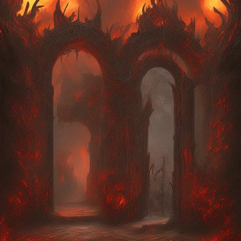 Gates of hell, Huge Door slightly opened, path of pain and suffering, walls made of skeletons, scream, Red and Black color dominating