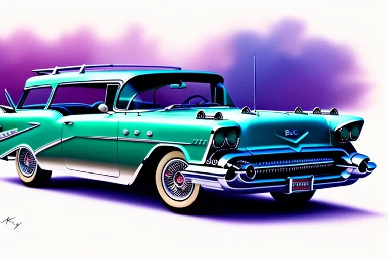 a true-to-life 1957 buick century caballero wagon, centered, intricate, extreme detailed, photorealism, center view, city background, pivot on buick, pen and color marker painting by cheryl kelley