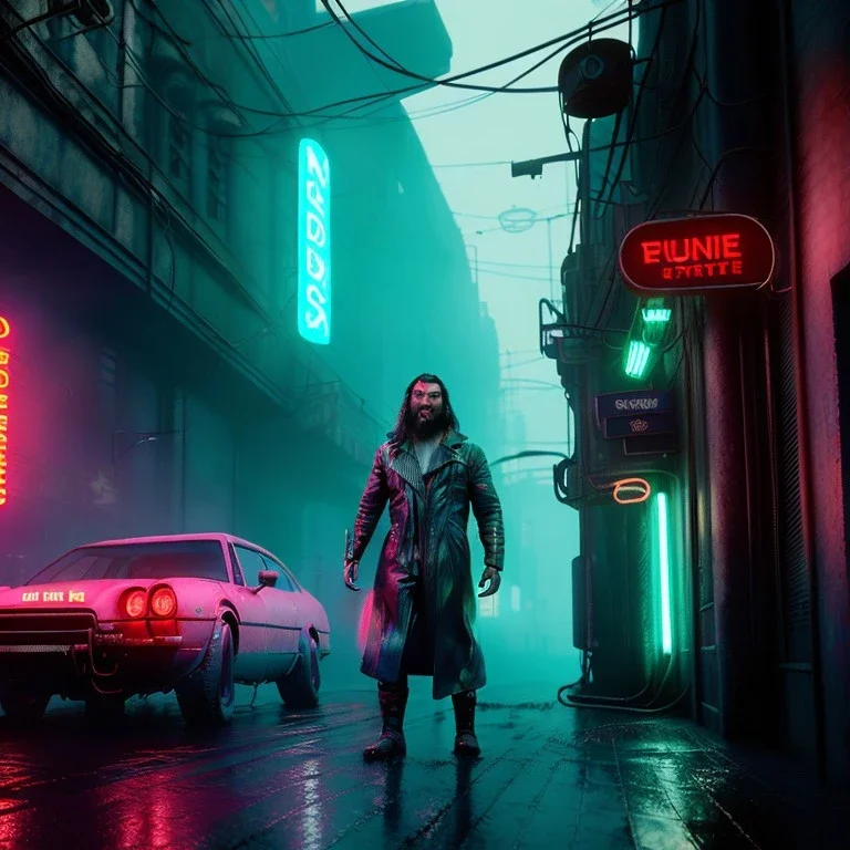 Actor, jason momoa, blade runner style, rain, fog, neon ambient, gradient color, clean skin, circuits, latex coat, cyber punk, neon, tubes, portrait, photo studio, unreal engine 5, smooth color, 16 bit, god lights, ray tracing, RTX, lumen lighting, ultra deatail, volumetric lighting, 3d, finely drawn, hd.