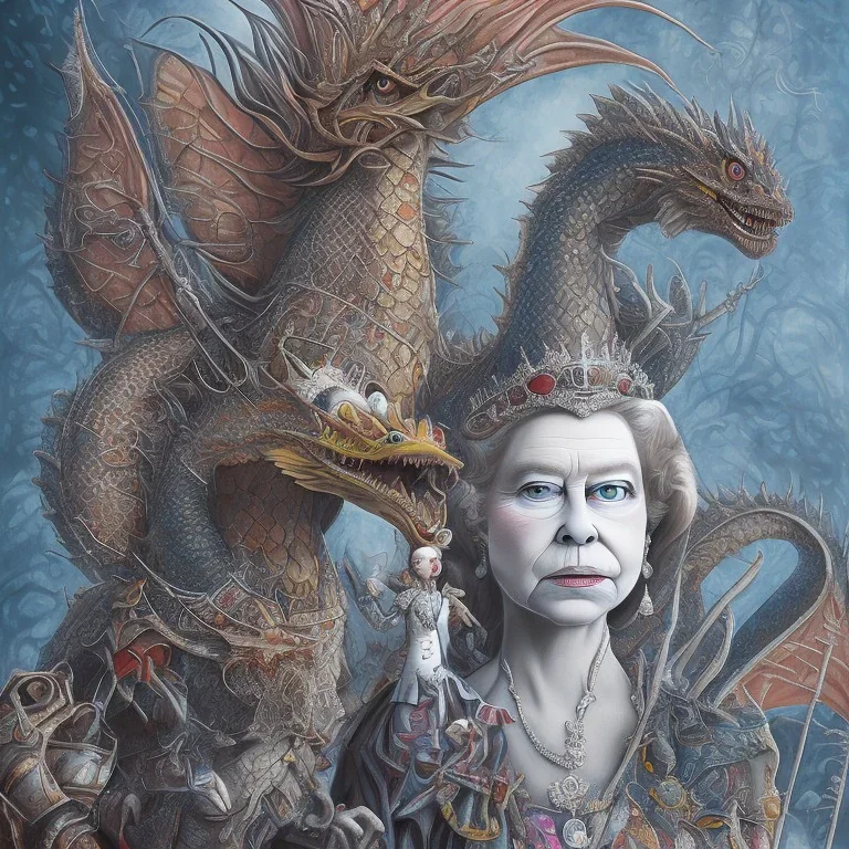 epic photo of queen elizabeth riding a dragon by tim burton