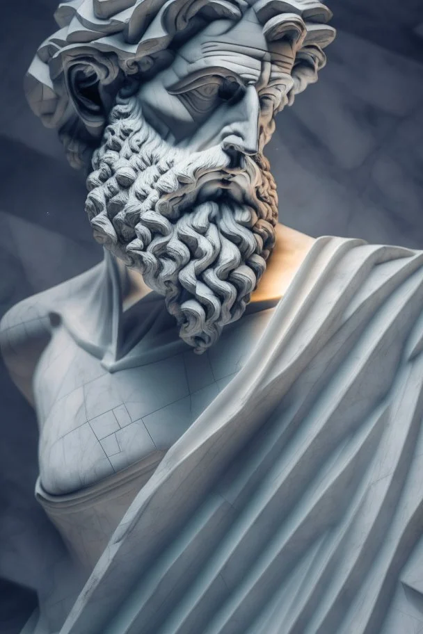 pythagoras on marble statue, 4 k, trending art, depth of field, high detail, high contrast