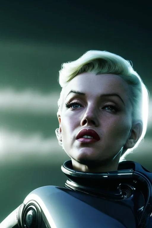 Ultra Realistic retro sci-fi scene, portrait, blonde woman, sweet young Marilyn Monroe face, perfect iris, tight latex coat, helmet, Strange planet background. Spaceship, fog, rain, soft color, highly detailed, unreal engine 5, ray tracing, RTX, lumen lighting, ultra detail, volumetric lighting, 3d, finely drawn, high definition, high resolution.