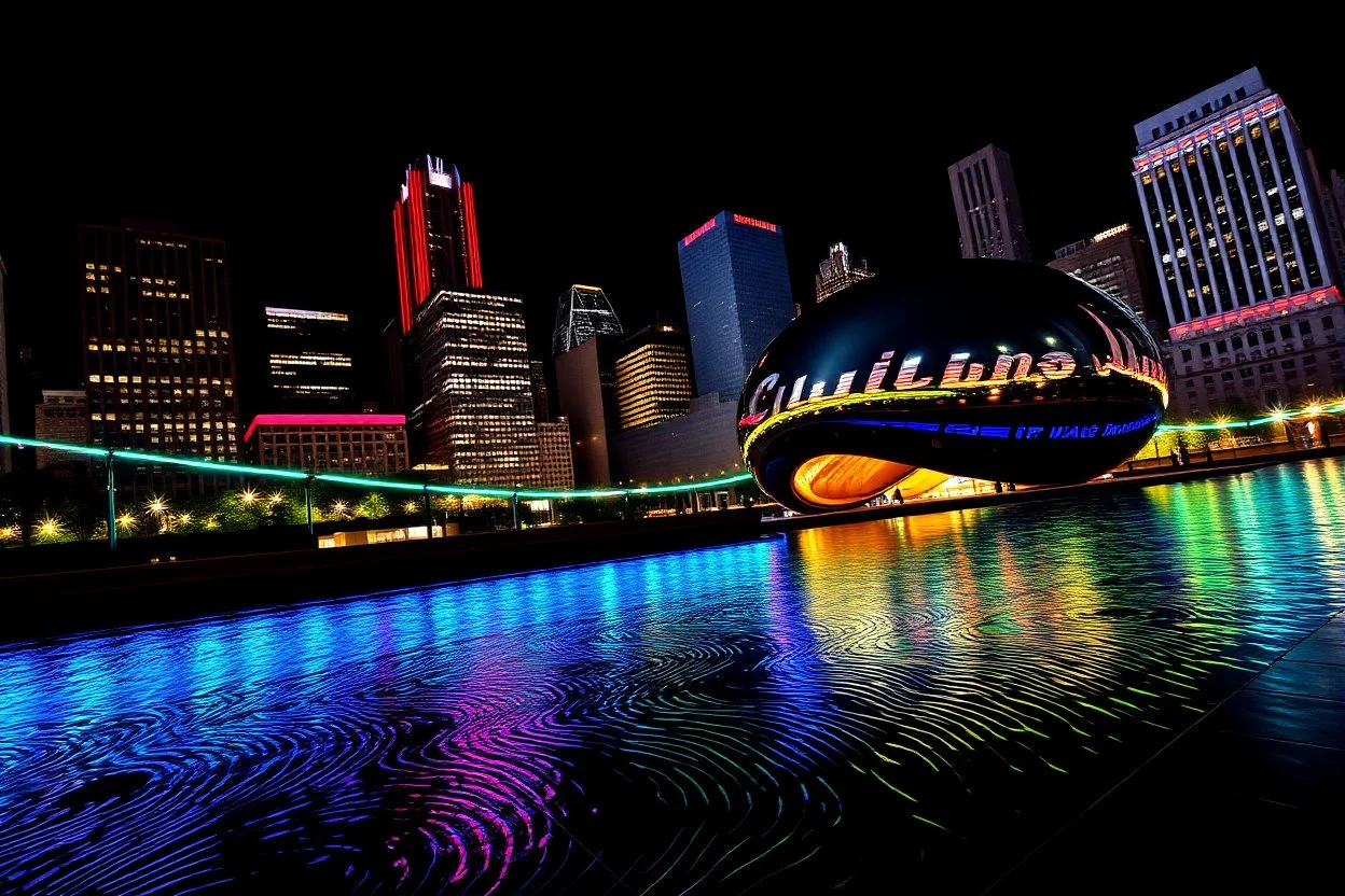 An intricate image using shimmering multicoloured neon lines of Millennium park and the Bean of the city of Chicago by Lake Michigan. Black Background, reflective ripplying water floor.
