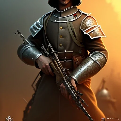 ww1, Christina, fire, medieval iron armor, trench coat, no mans land, lone Knight, Rifle, Male, Brutal style,