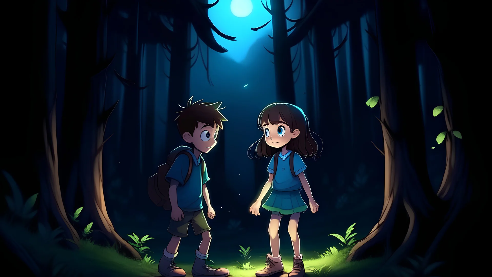 The boy and the girl played in the dark night forest