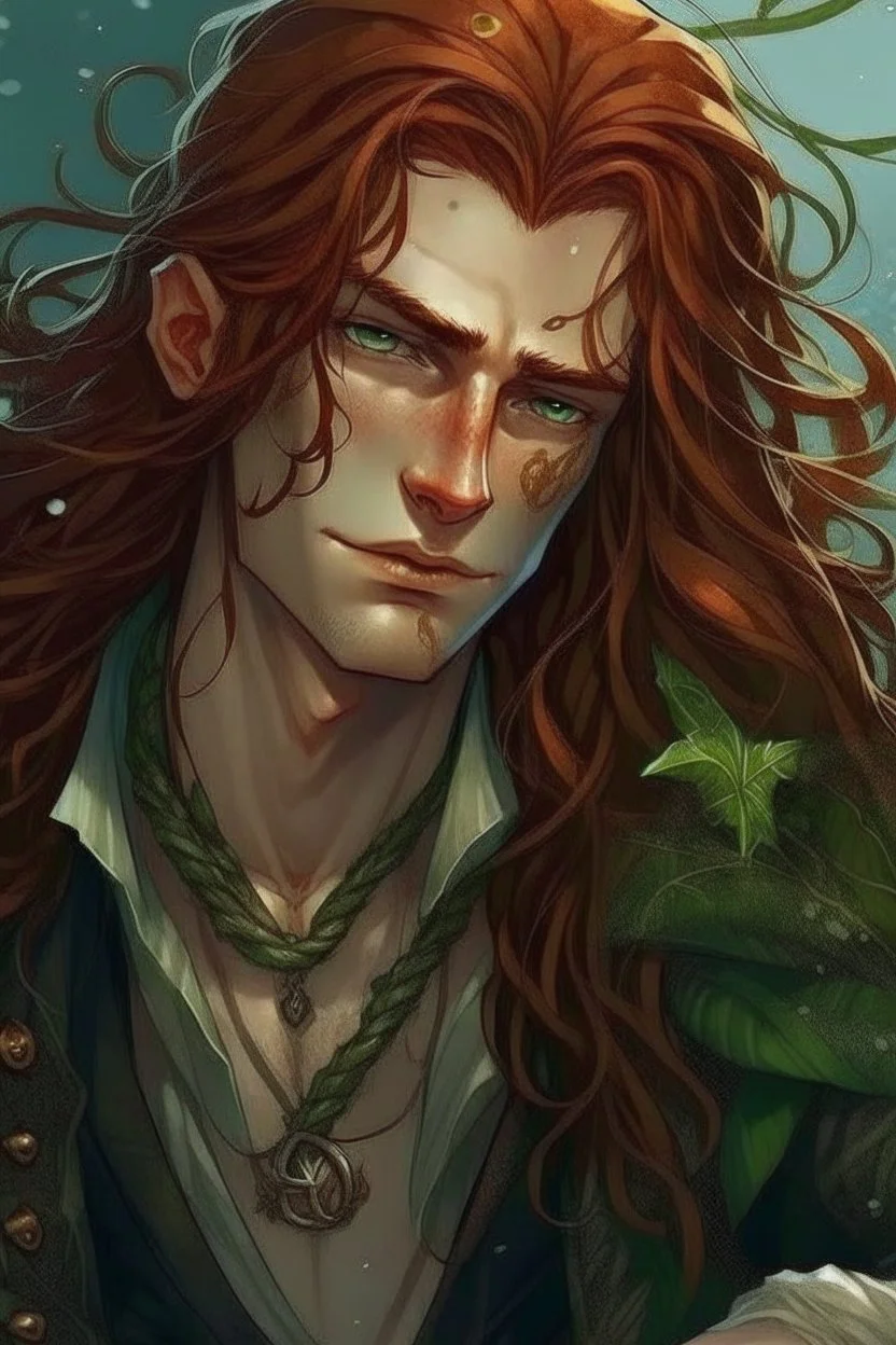 determind wet pirate nereid male with seaweed in long auburn hair and freckles