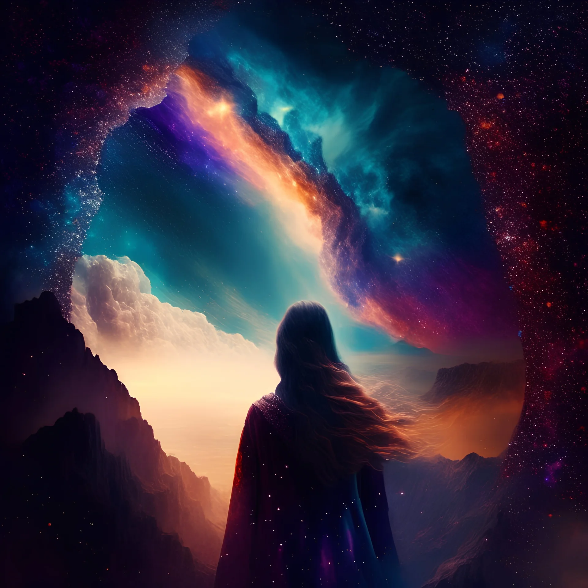 Woman at edge of creation of the universe