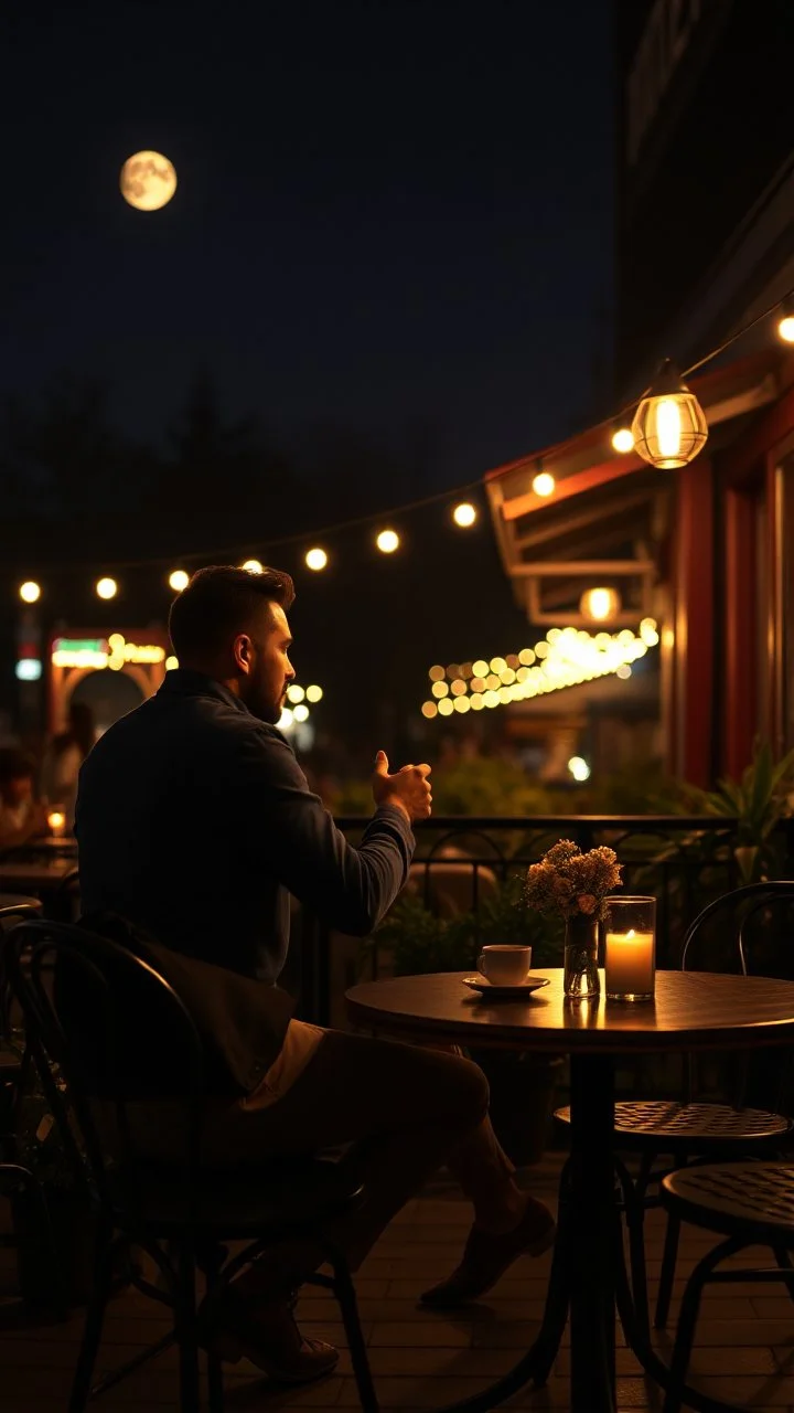 Cafe table outside with at night with dim moon lights in the a couple lovers dancing