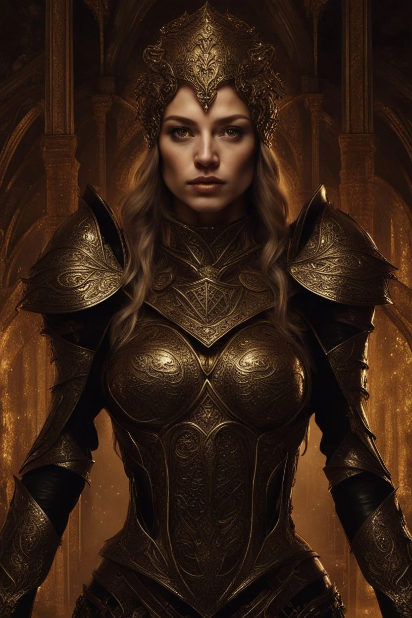 A Captivating Dark Fantasy Portrait Of A Stunning Female Figure In Glossy Armor, Set In A Mystical World With Intricate Details, Organic Metallic Elements, And Golden Lighting, Resembling A Blend Of Medieval Gothic And 1970s Spiritual Advertising Aesthetics.