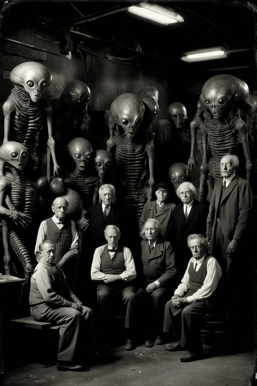 1900's black and white vintage photo, interior, working (alien) organ manufacturing factory warehouse, unhappy and angry,stange long grey alien human hybrid creature with a family that is super sad, captured on square format film, grainy brown, aged, old men depressed, tired