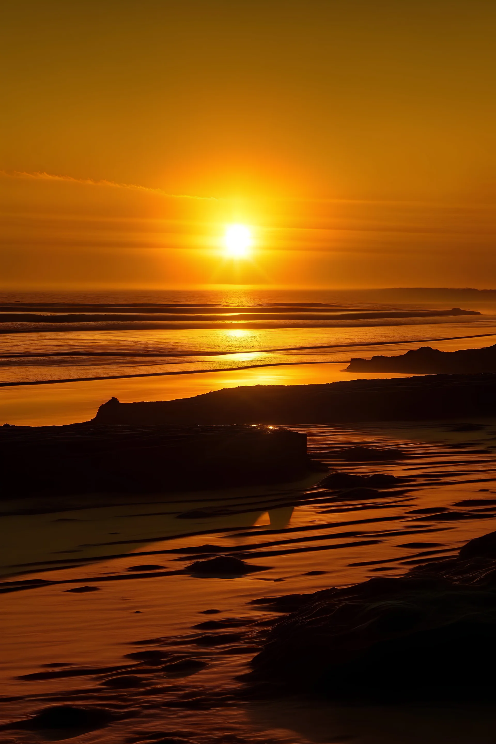 the sun setting over the horizon, casting its golden glow upon the ancient sands