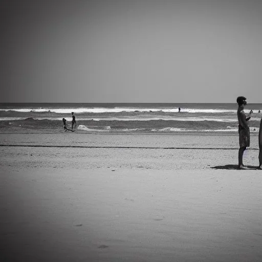 three men waiting for their friend to come back to join them on the beach