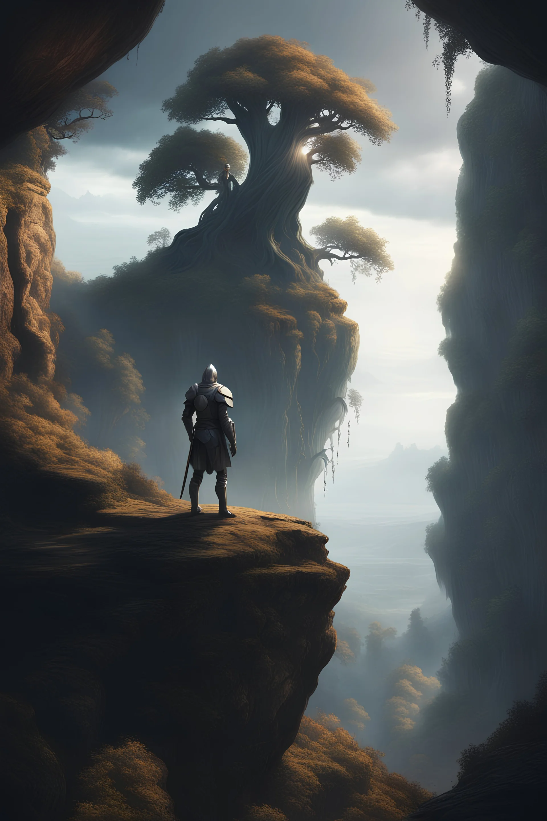 A knight on the ledge of a cliff, looking at a gigantic walking tree,somber mood, cinematic lighting, fantasy styled setting,ray tracing