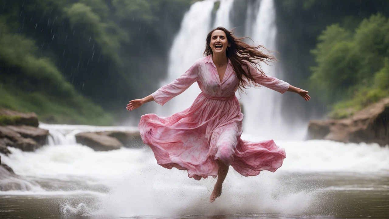 Hyper Realistic Photographic Close Shot Of A Beautiful Pashto Woman With Long Brown Wet Hair Wearing A White And Pink Tie-And-Dye Frock, Happily Jumping On A River Water And Enjoying Rain With A Beautiful Waterfall And Cloudy Weather At Heavy Rainfall Showing Dramatic And Cinematic Ambiance.