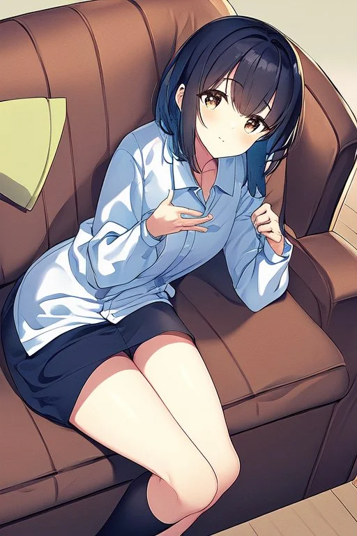 anime waifu wearing a pyjama shirt and a short skirt laying on her stomach on a couch