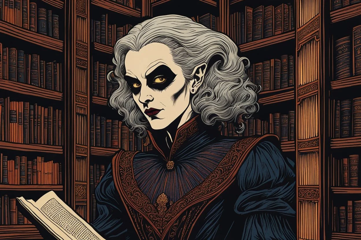 museum quality color woodcut of a scholarly Nosferatu female vampire with highly detailed hair and facial features in a library filled with dusty ancient tomes, in the style of Gustave Baumann, with a fine art , graphic novel aesthetic, highly detailed, finely cut ,8k render,