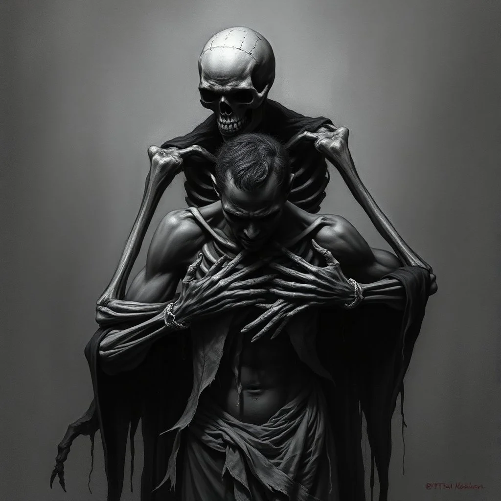 The image is a dark, haunting, monochromatic artwork that portrays a skeletal figure embracing or overpowering a human-like strong male figure. The skeletal entity looms from behind, its bony arms wrapped around the human, who appears to be partially draped in tattered cloth and in a state of despair or submission. ...