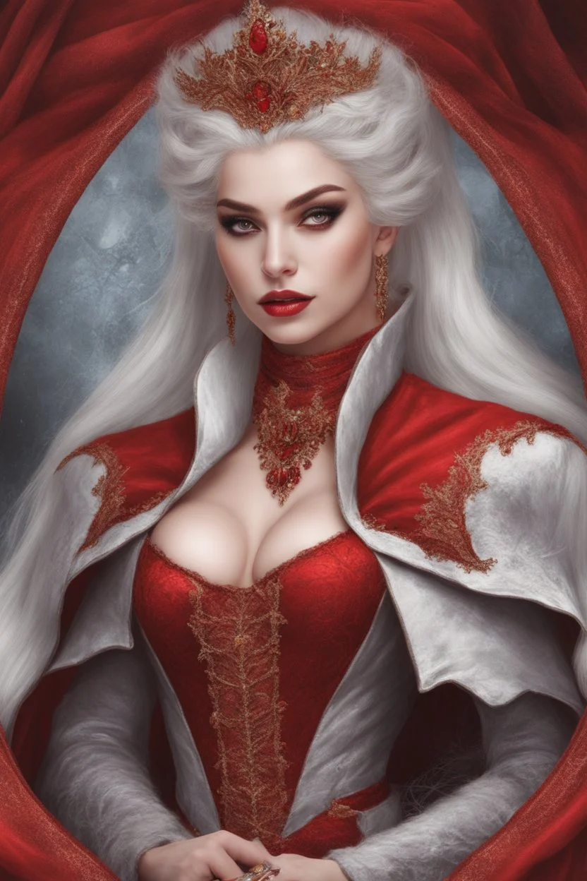 Beautiful white haired Vampire queen on her throne, drawing. Wearing a red cloak with a fur collar. Portrait, waist up