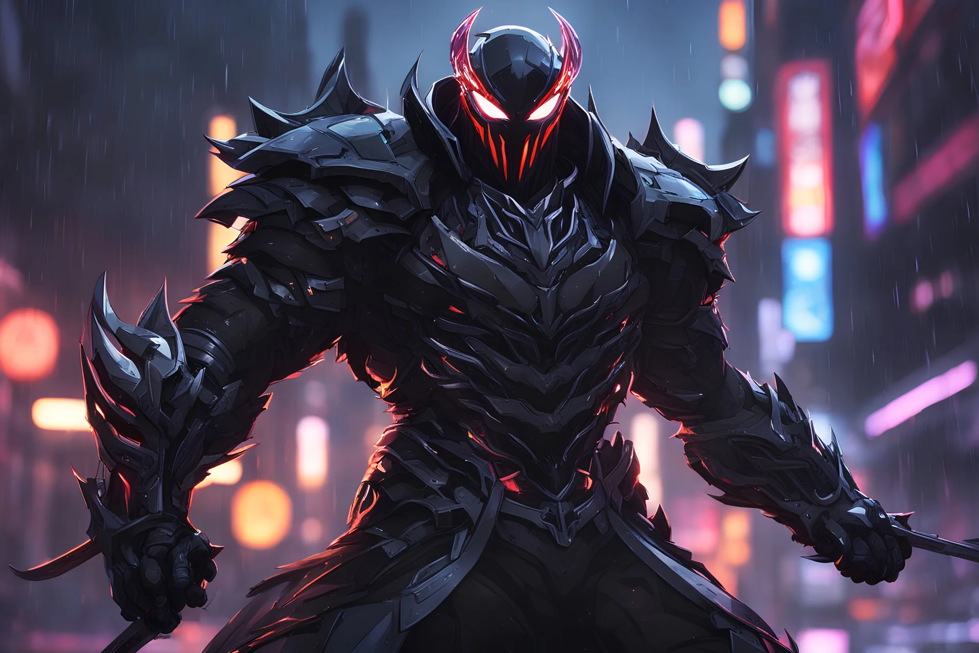 Venom Shredder in 8k solo leveling shadow artstyle, hanzo them, close picture, rain, Shredder helmet, neon lights, intricate details, highly detailed, high details, detailed portrait, masterpiece,ultra detailed, ultra quality