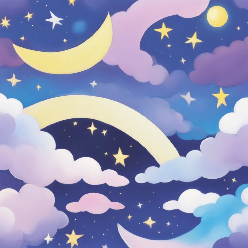 sky colored purple blue and pink and white , ocean , one white moon , yellow stars