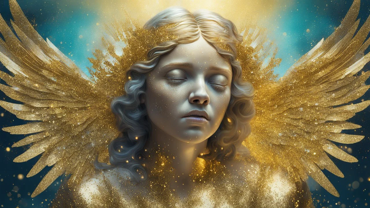 crying angel, double exposure in fantasy style, gold, glitter, fine rendering, bright colors, photorealism, 3D