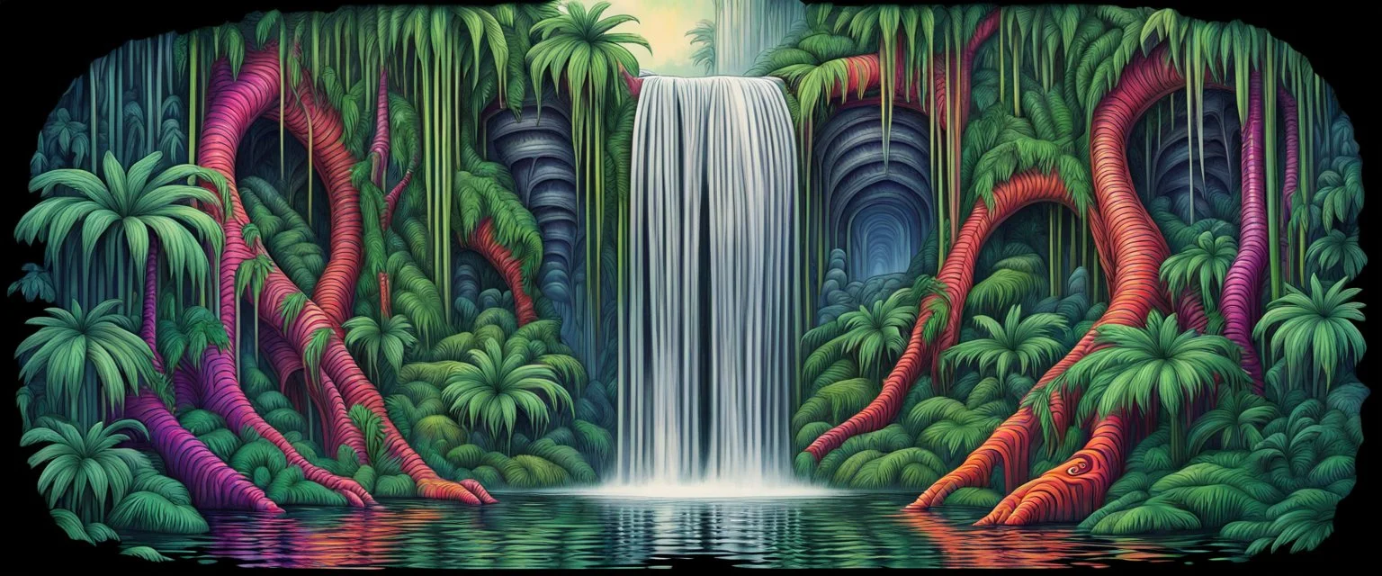 jungle waterfall colorfull dork neck bambooza schizoid dreams in the style of giger and escher