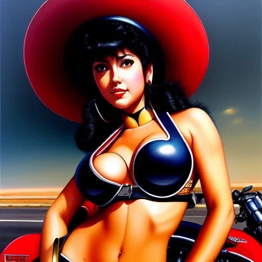 portrait of busty beautiful 'Female Rider on Shotaro Kaneda's Bike',painting by Earl Norem, simon Bisley, evan lee, 86-86, oil on canvas, cinematic composition, extreme detail,fit full head inside picture,8k