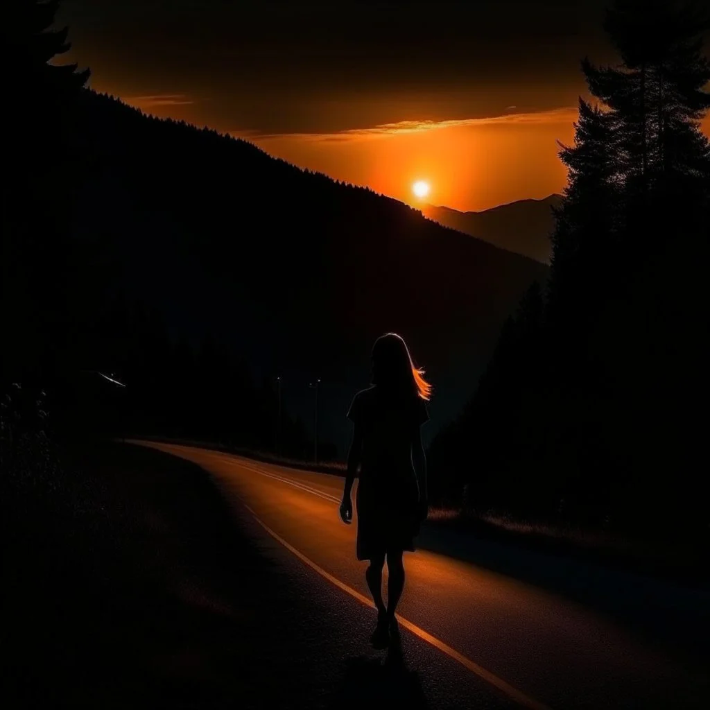 dark night, silhouette of a woman in a sleeveless top, mountains and forests next to the road, a beautiful orange sunrise in the distance, photo quality