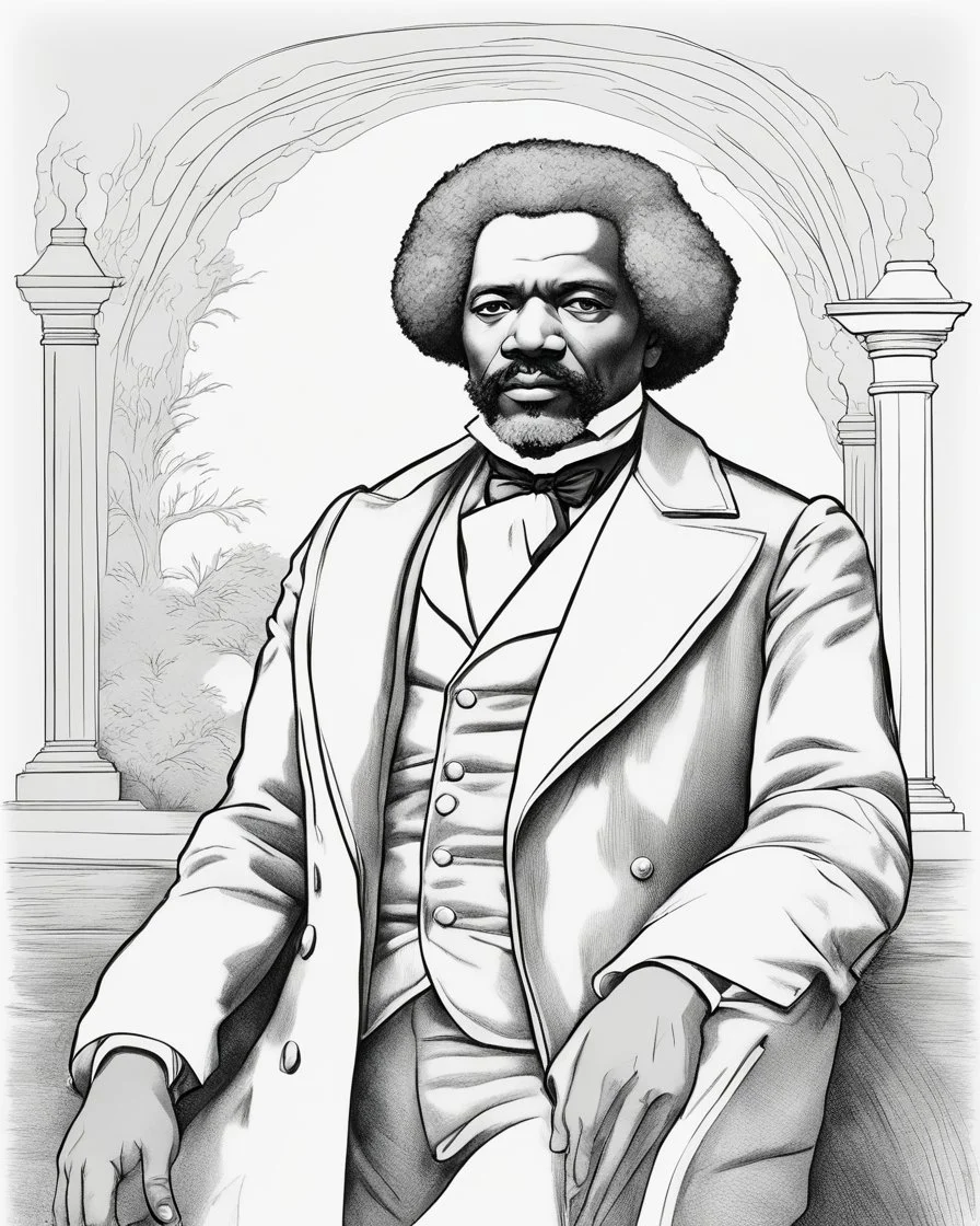 coloring page for teens, simple outlines art, cartoon style, outline drawing, bold outlines, clean and clear outlines, no tones color, no color, no detailed art, art full view, wide angle, white background, FREDERICK DOUGLASS, African-American abolitionist.