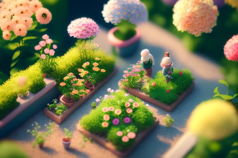 top view of a miniature flower farm scene with cute chibi anime gardener cats tending to the flower fields S<AI in sunshine, photorealistic, 3D, ethereal, cinematic postprocessing, bokeh, dof